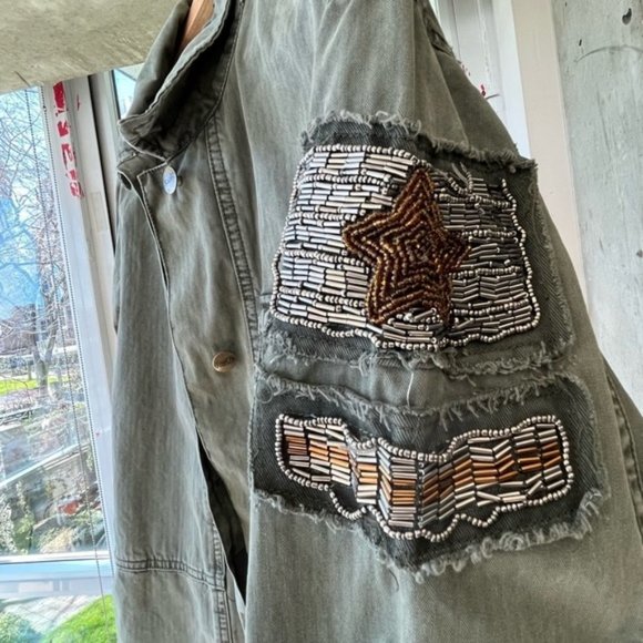 Nanette Lapore army green military style denim jacket with beaded crests - Picture 3 of 11